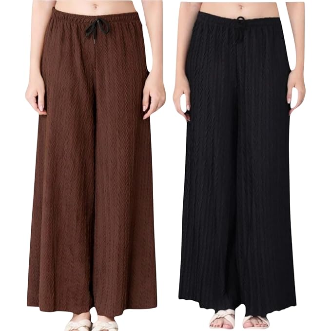 Women Wide Leg Palazzo Pants Combo Pack of 2 |Trousers for Women | Loose Fit Textured Palazzo Pants for Women & Girls | Casual Lounge Travel Wear